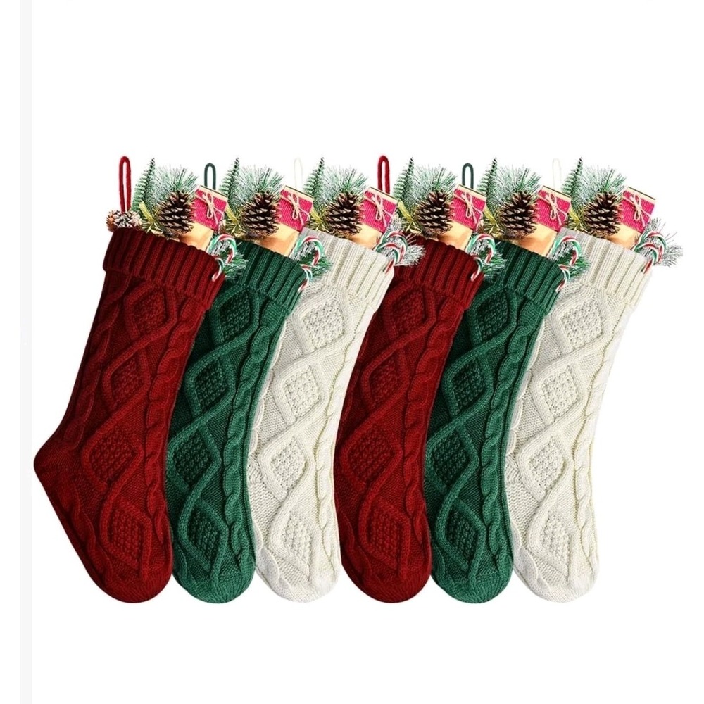 6 Christmas Stockings 20 Inch Burgundy, Ivory, Green Cable Knit Stockings